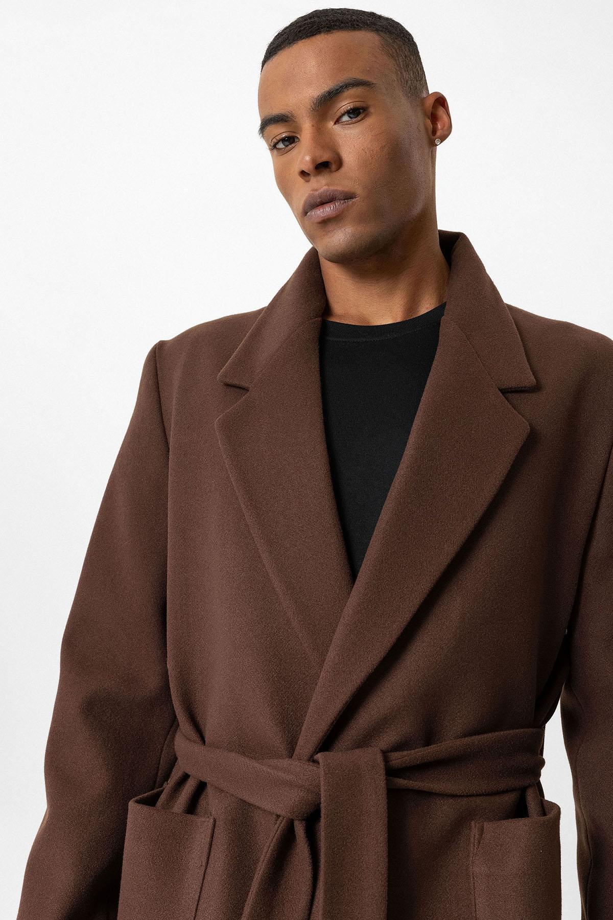 Brown Belted Bag Pocketed Men's Coat