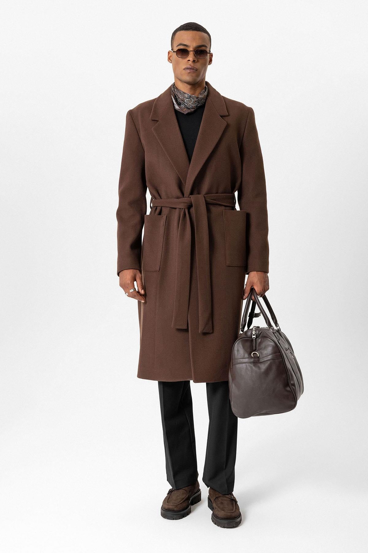 Brown Belted Bag Pocketed Men's Coat