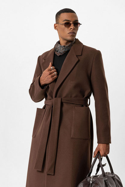Brown Belted Bag Pocketed Men's Coat