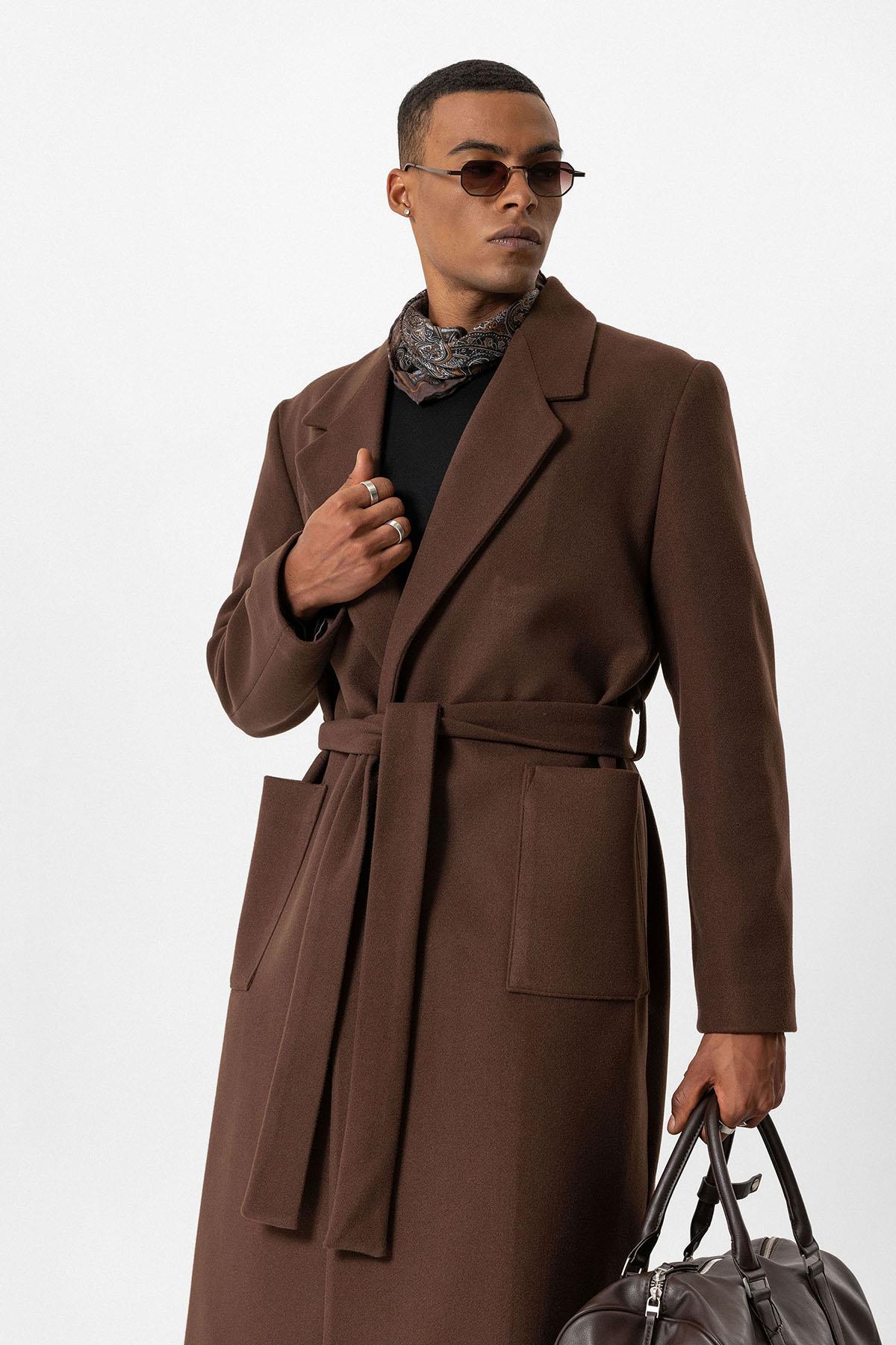 Brown Belted Bag Pocketed Men's Coat