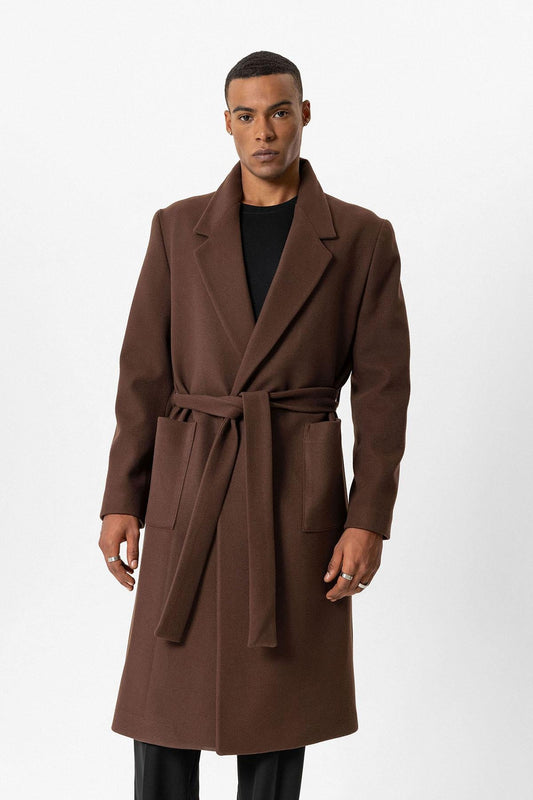 Brown Belted Bag Pocketed Men's Coat