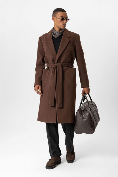 Brown Belted Bag Pocketed Men's Coat
