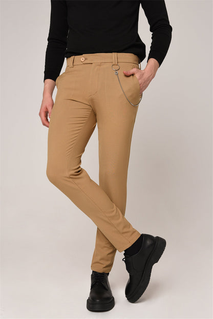 Men's Light Camel Slim Fit Straight Accessory Fabric Trousers