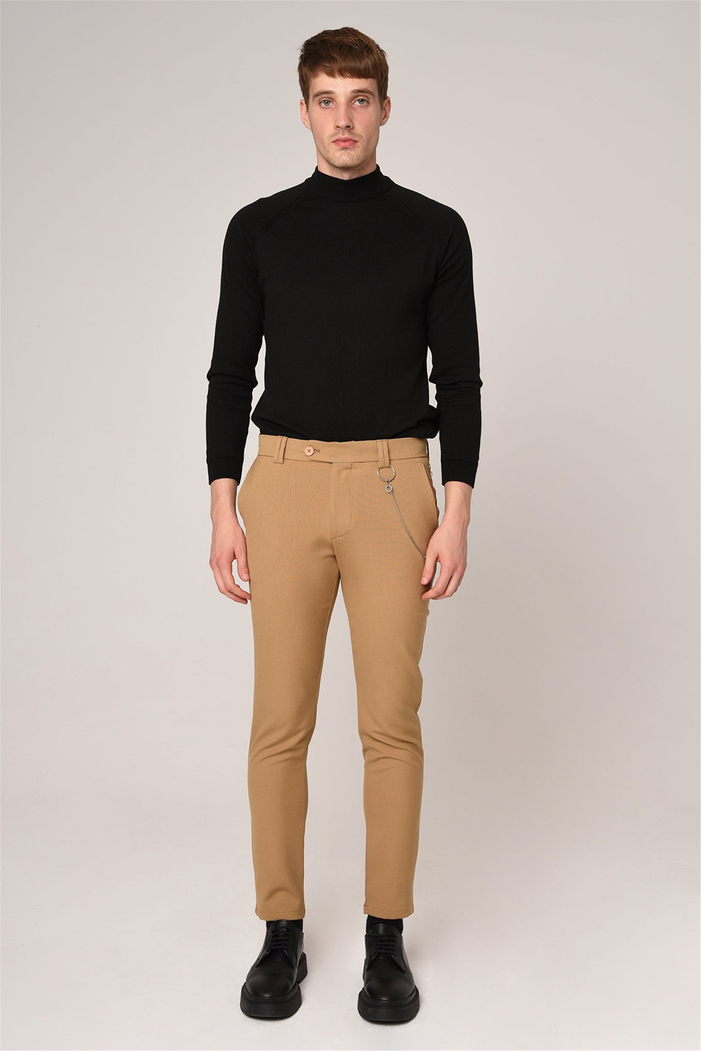 Men's Light Camel Slim Fit Straight Accessory Fabric Trousers