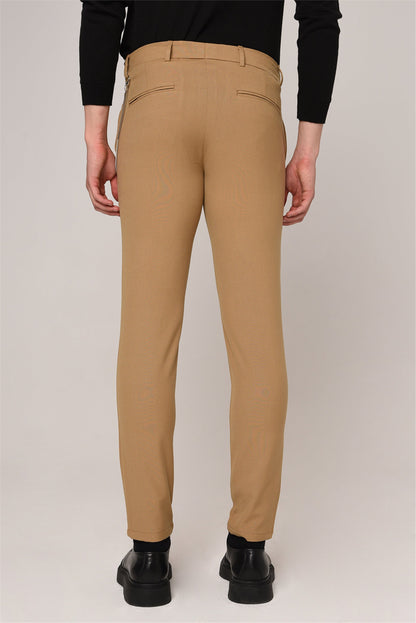 Men's Light Camel Slim Fit Straight Accessory Fabric Trousers