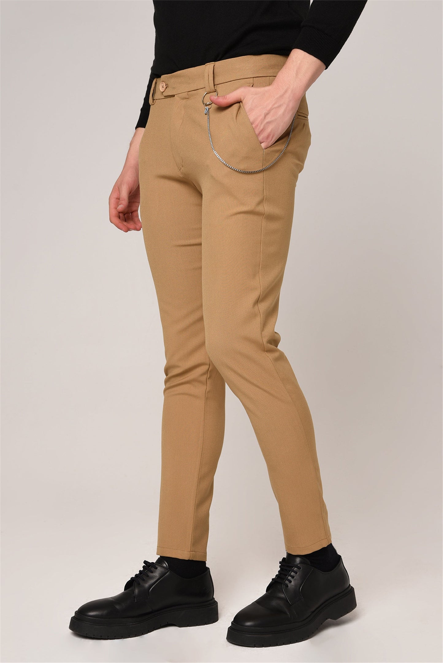 Men's Light Camel Slim Fit Straight Accessory Fabric Trousers