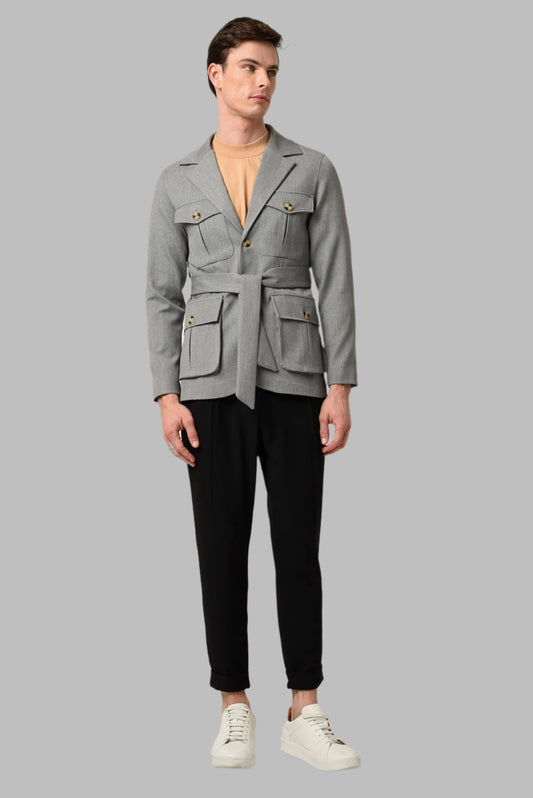 KOALA SYDNEY Men's Light Grey Jacket Collar Belted Seasonal Coat