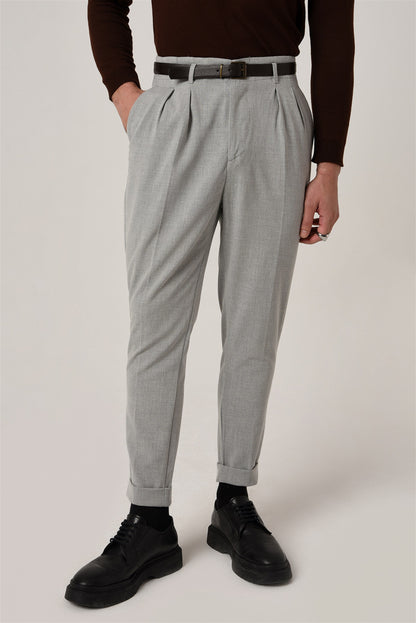 Men's Light Grey High Waist Belted Trousers