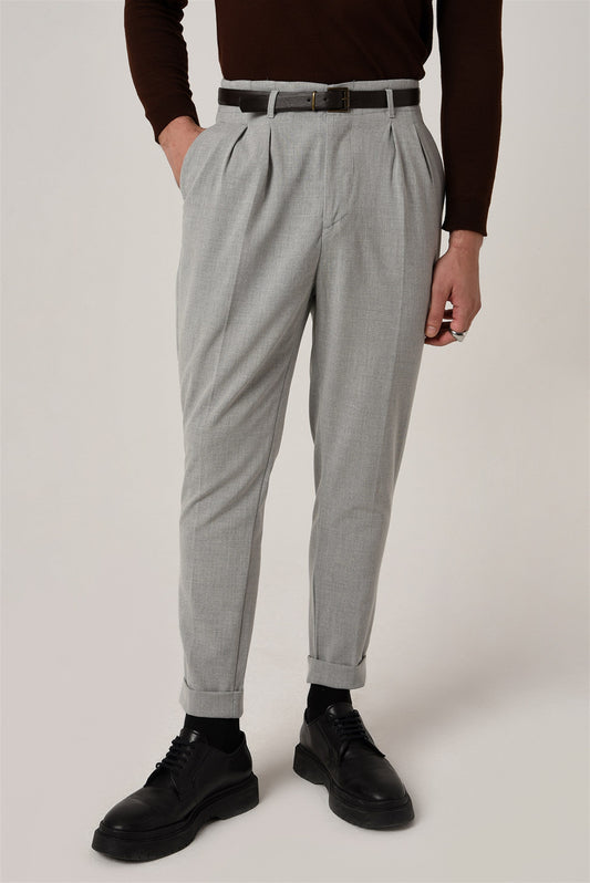 Men's Light Grey High Waist Belted Trousers
