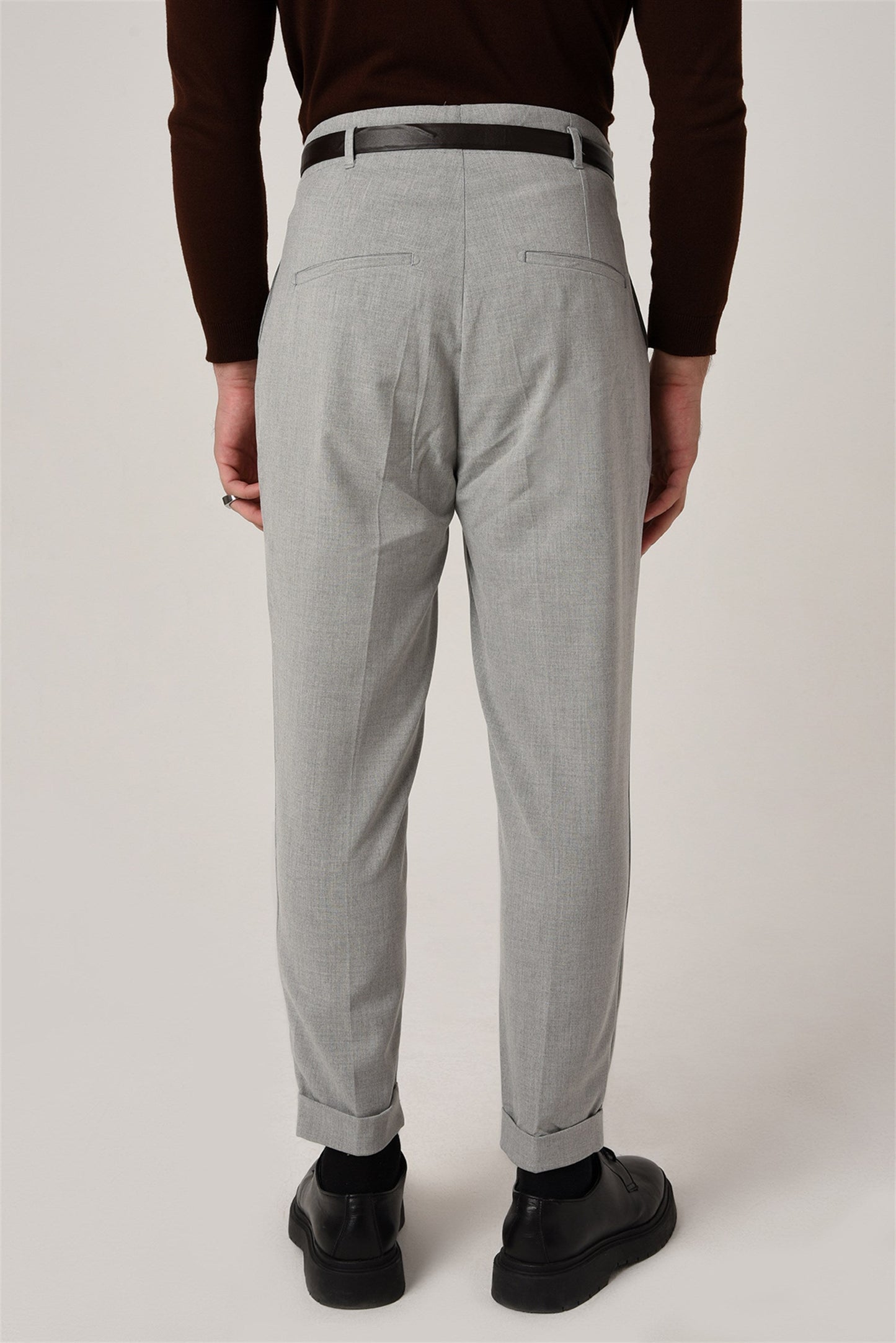 Men's Light Grey High Waist Belted Trousers