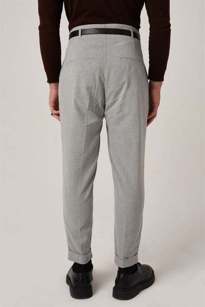 Men's Light Grey High Waist Belted Trousers