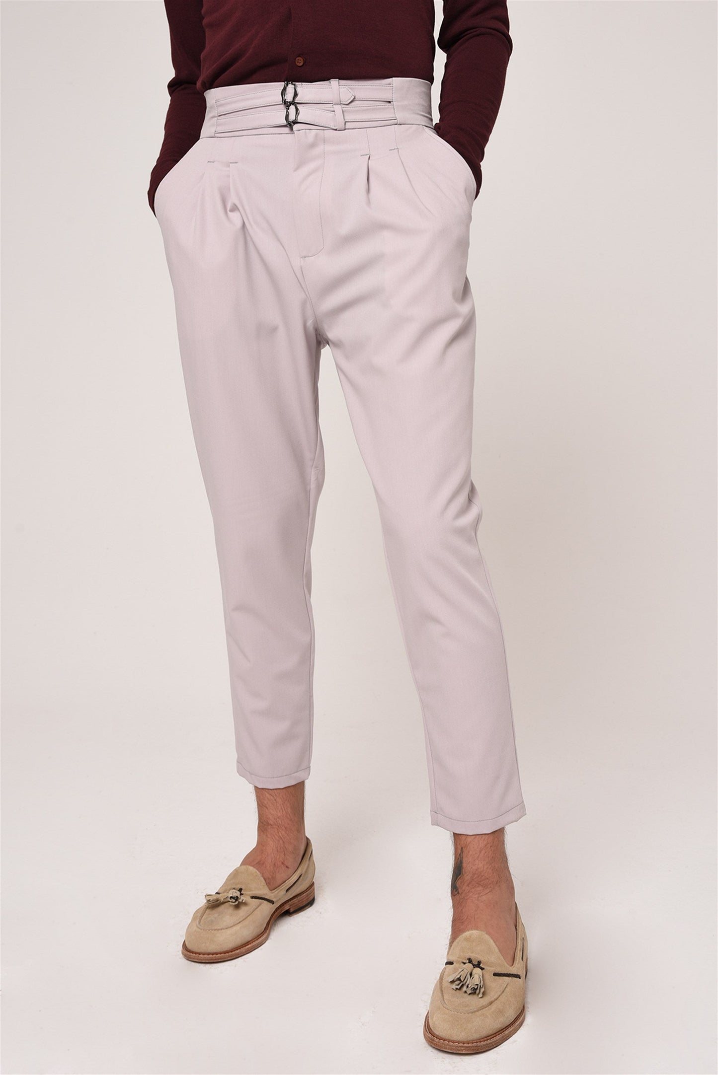 Men's Light Grey High Waist Buckle Belt Pleated Fabric Trousers
