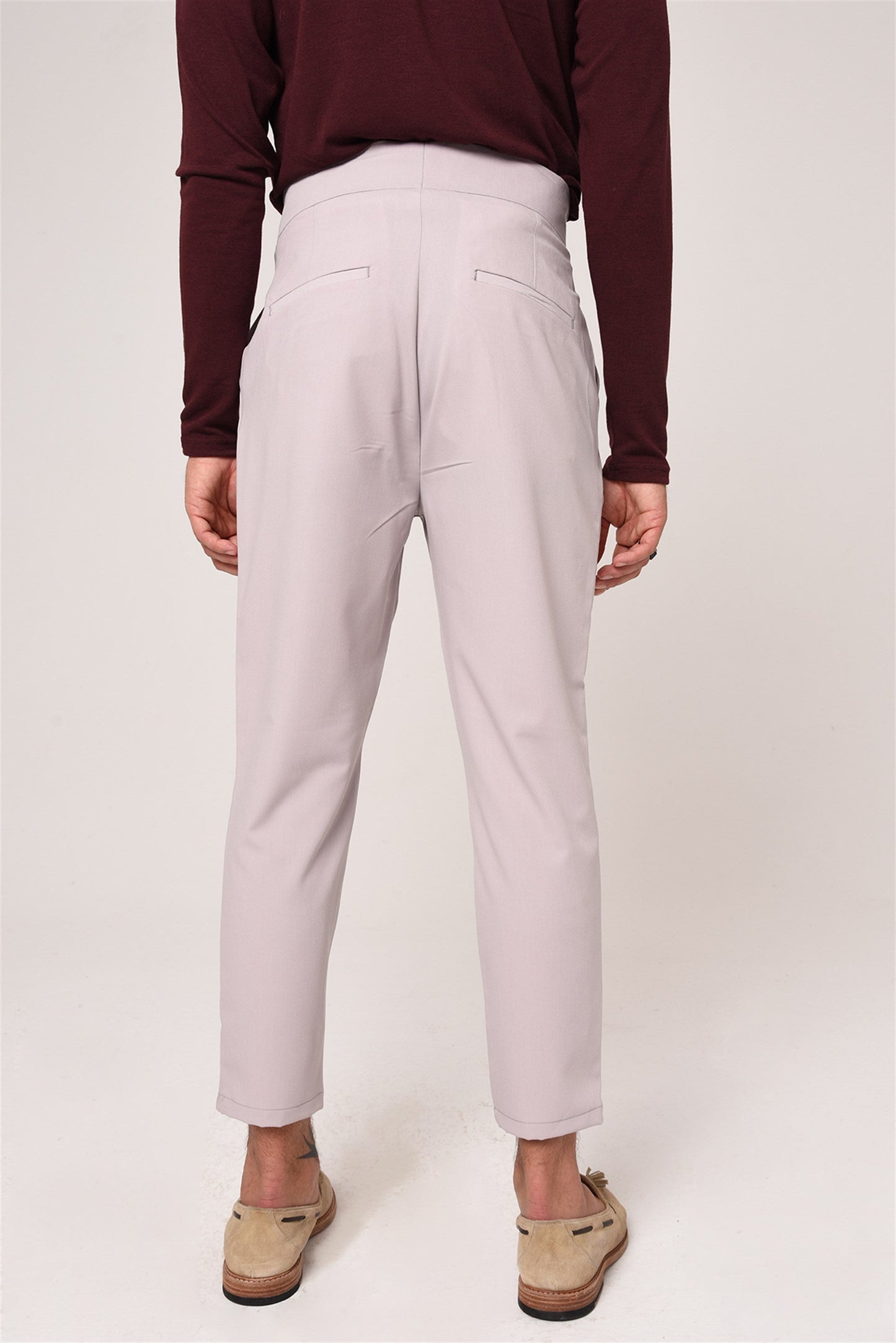 Men's Light Grey High Waist Buckle Belt Pleated Fabric Trousers