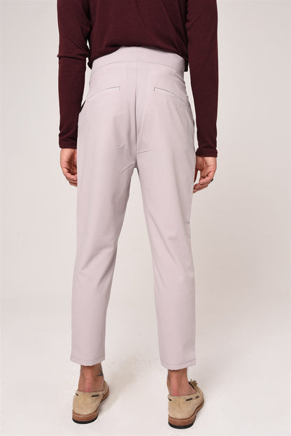 Men's Light Grey High Waist Buckle Belt Pleated Fabric Trousers