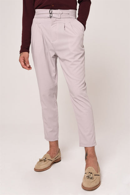 Men's Light Grey High Waist Buckle Belt Pleated Fabric Trousers