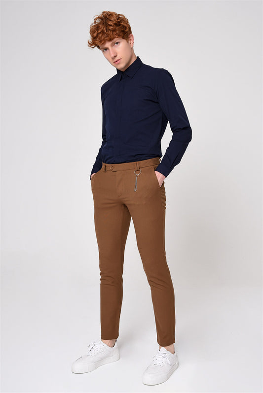 Men's Light Brown Slim Fit Straight Accessory Fabric Trousers