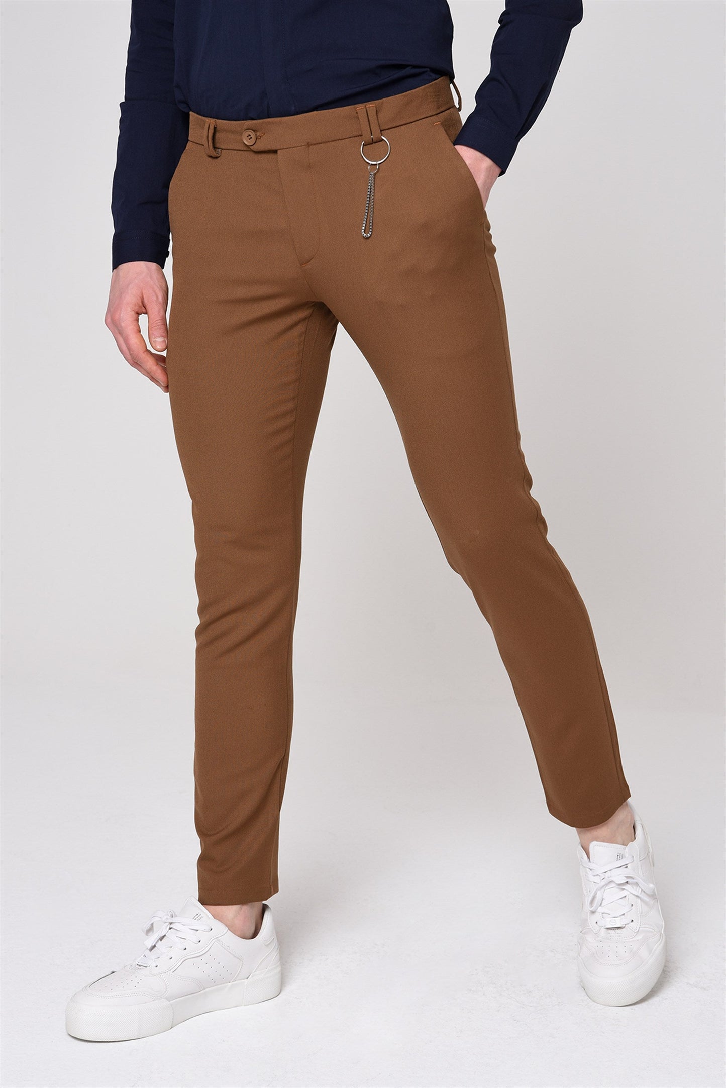 Men's Light Brown Slim Fit Straight Accessory Fabric Trousers
