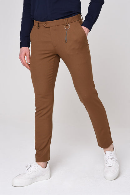 Men's Light Brown Slim Fit Straight Accessory Fabric Trousers