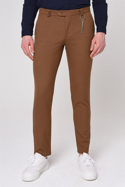 Men's Light Brown Slim Fit Straight Accessory Fabric Trousers