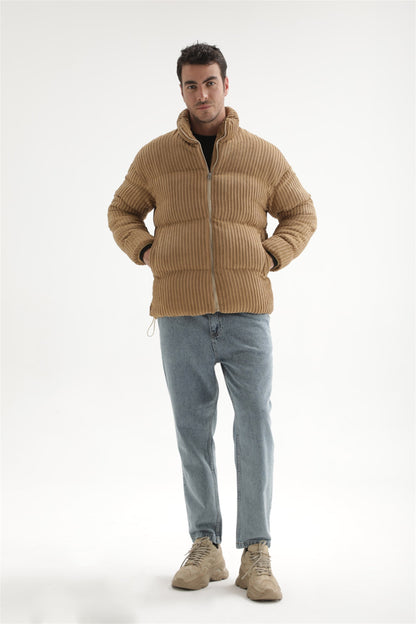 Men's Beige Vertical Collar Corduroy Inflatable Coat