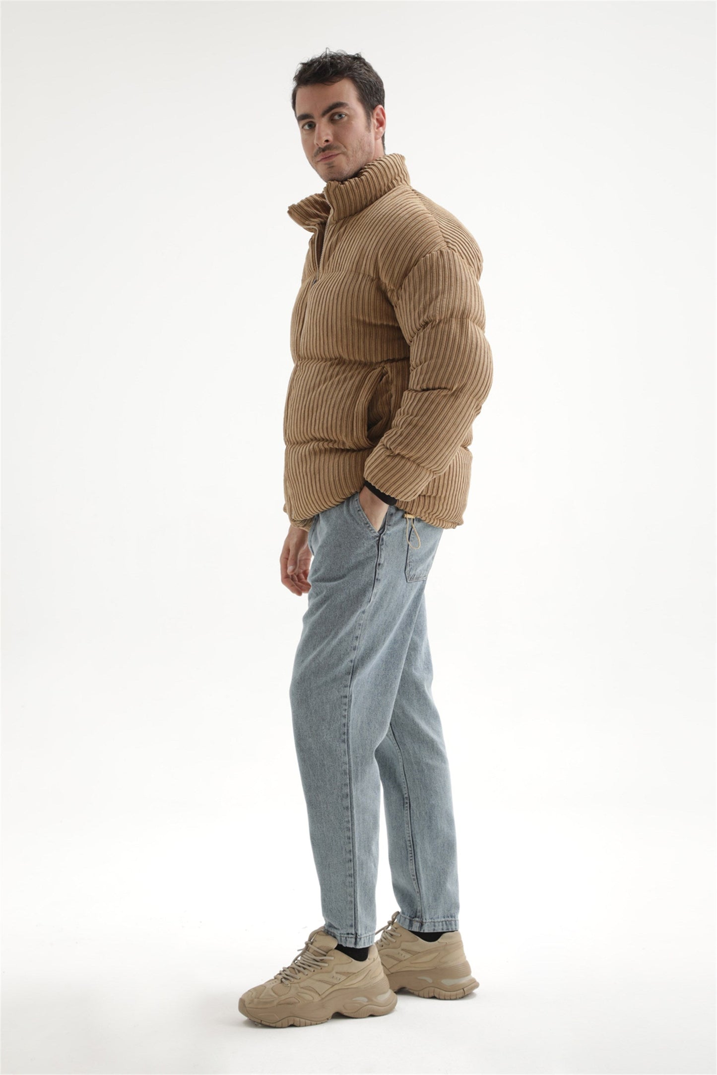 Men's Beige Vertical Collar Corduroy Inflatable Coat
