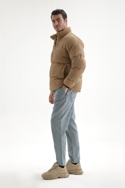 Men's Beige Vertical Collar Corduroy Inflatable Coat