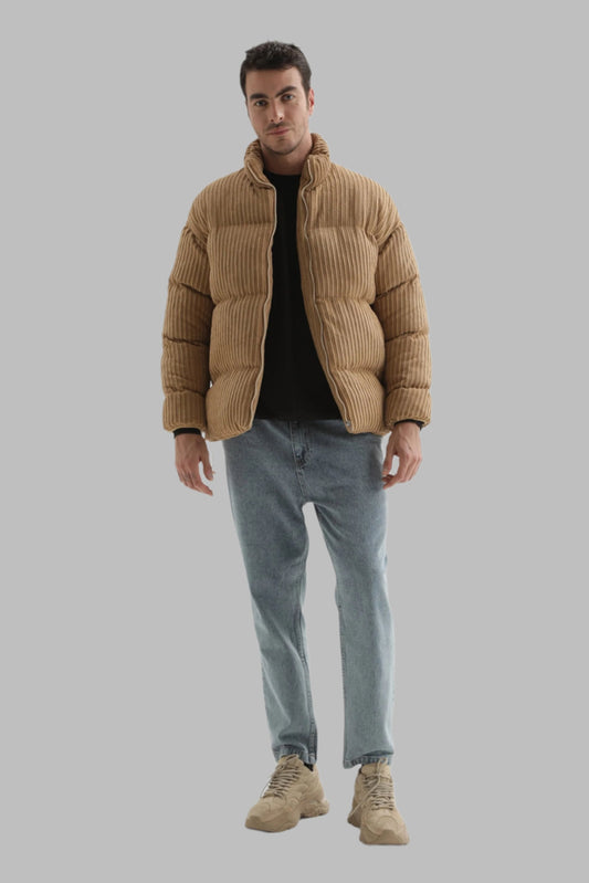 Men's Beige Vertical Collar Corduroy Inflatable Coat
