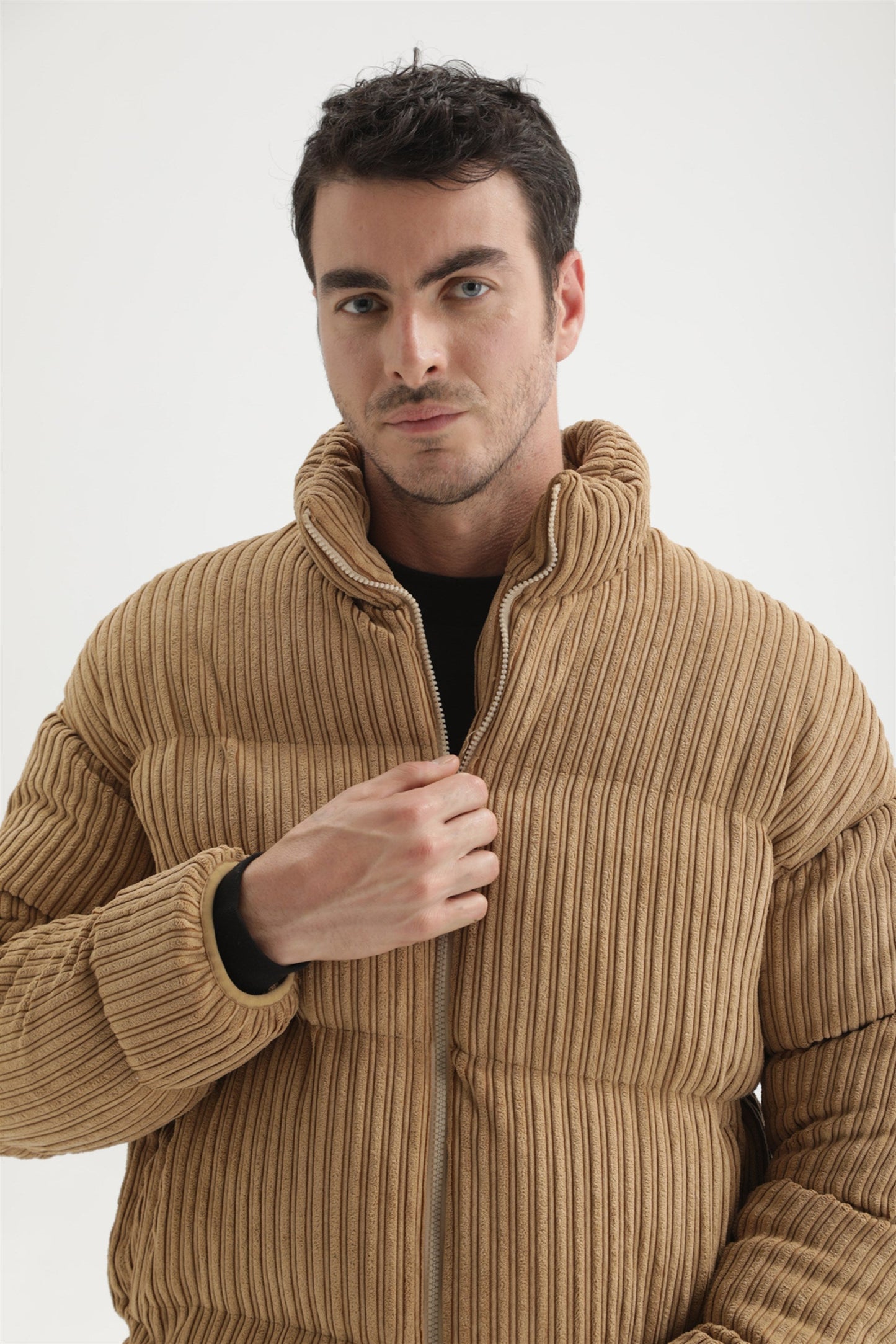Men's Beige Vertical Collar Corduroy Inflatable Coat