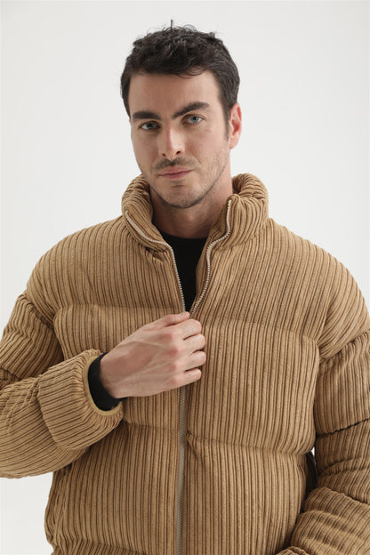 Men's Beige Vertical Collar Corduroy Inflatable Coat