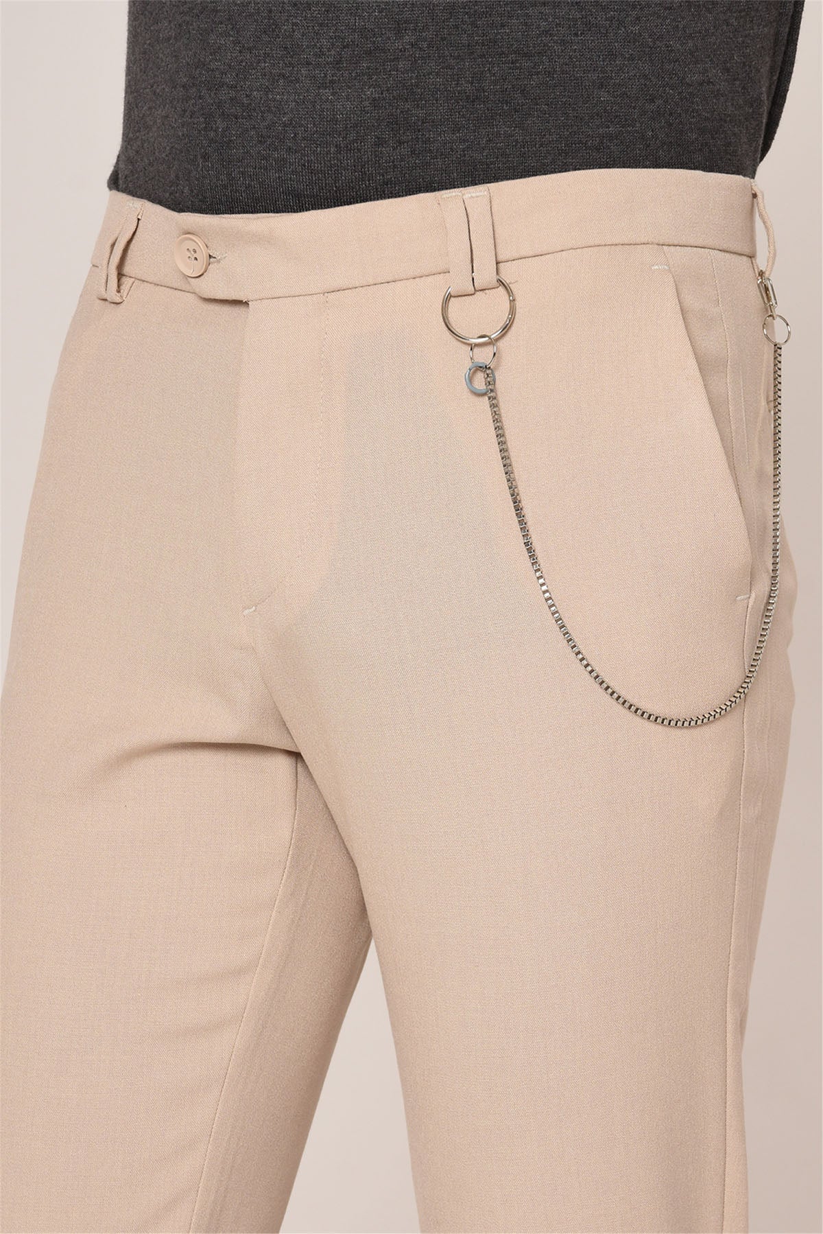 Men's Beige Slim Fit Straight Accessory Fabric Trousers