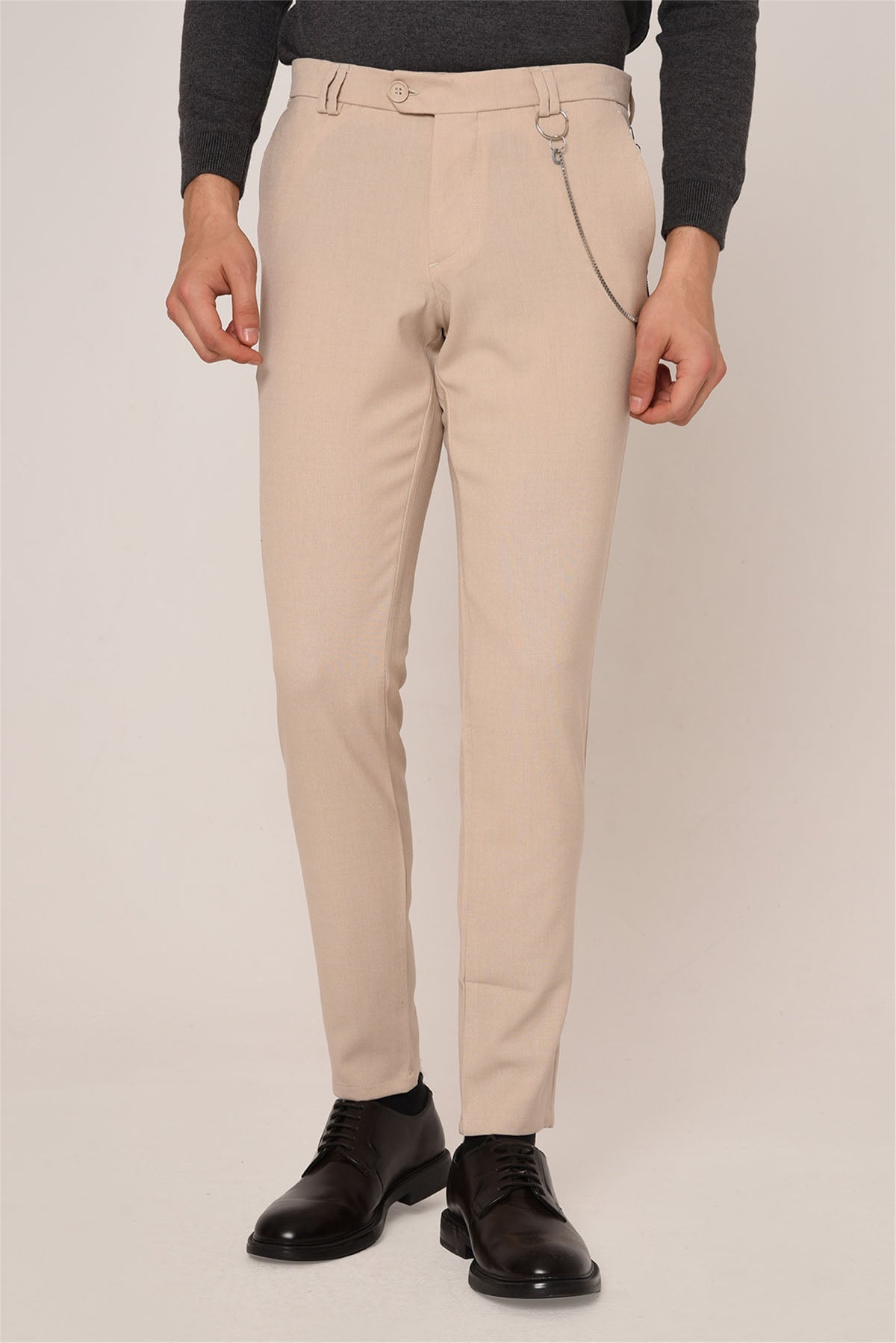 Men's Beige Slim Fit Straight Accessory Fabric Trousers