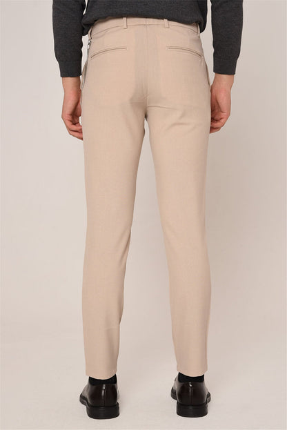 Men's Beige Slim Fit Straight Accessory Fabric Trousers