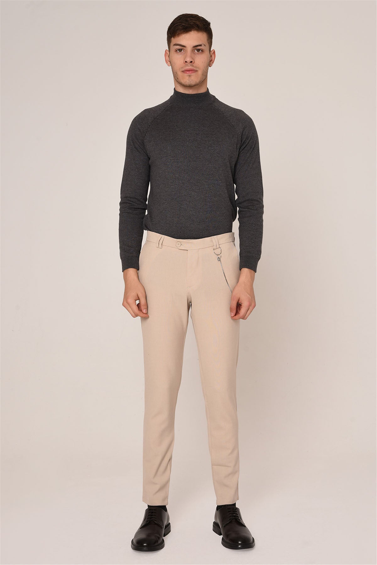 Men's Beige Slim Fit Straight Accessory Fabric Trousers