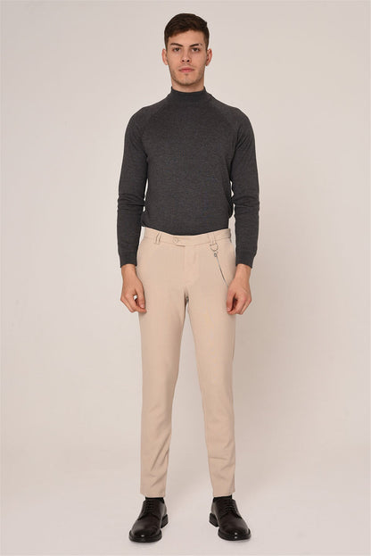 Men's Beige Slim Fit Straight Accessory Fabric Trousers