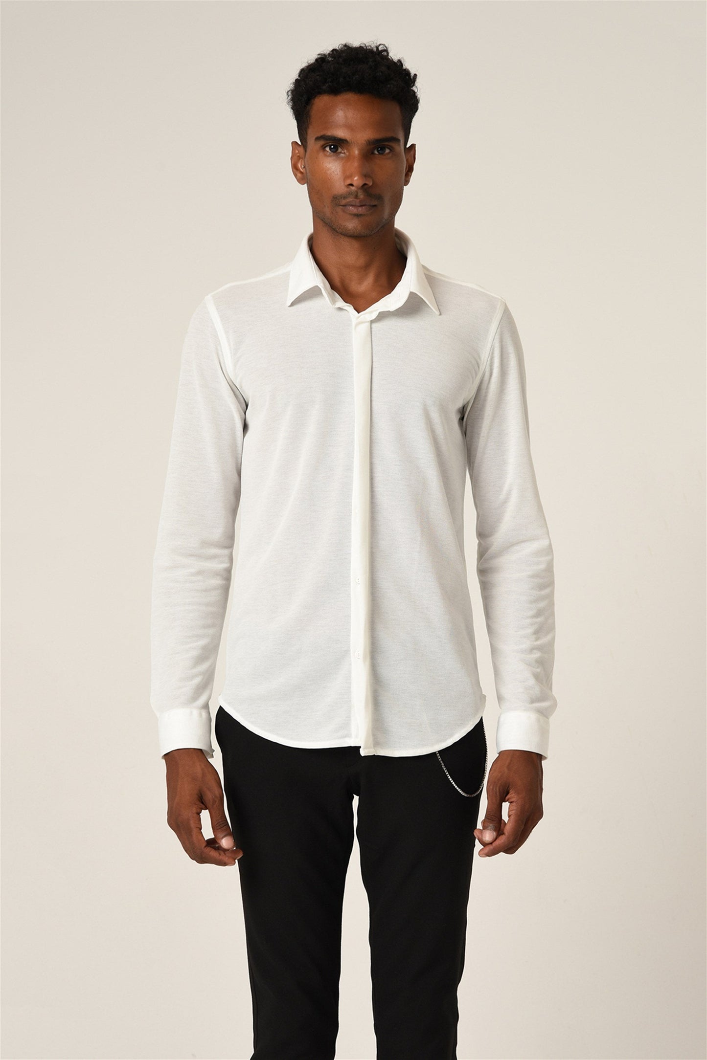 Men's White Hidden Button Long Sleeve Slim Fit Knitwear Shirt