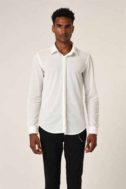 Men's White Hidden Button Long Sleeve Slim Fit Knitwear Shirt