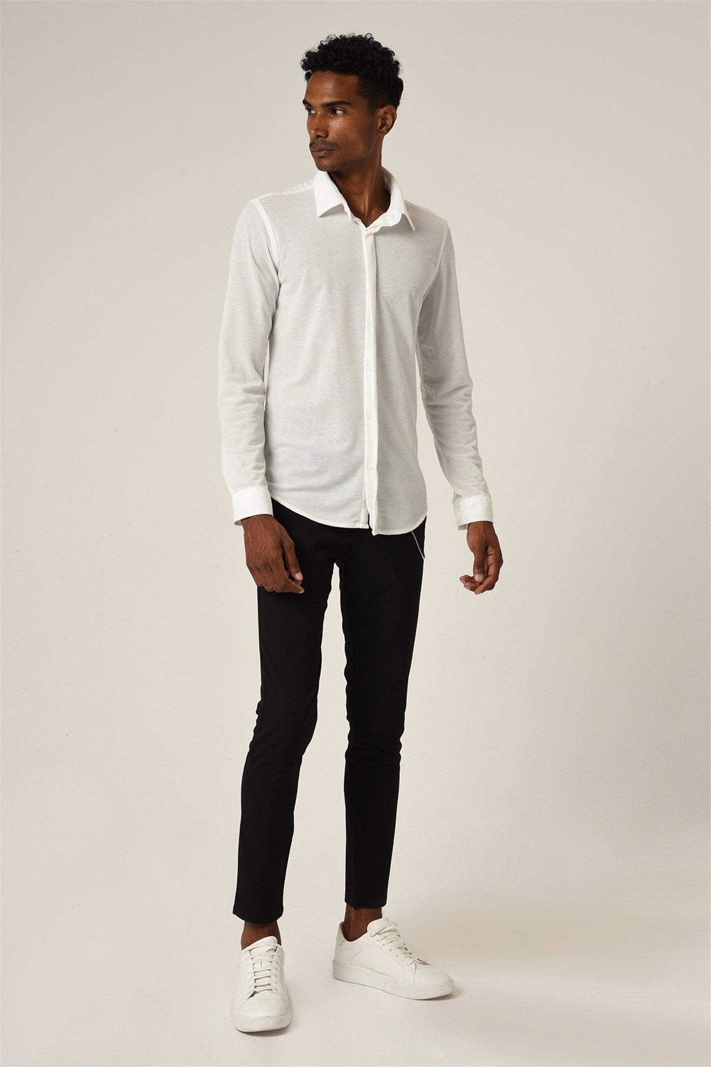 Men's White Hidden Button Long Sleeve Slim Fit Knitwear Shirt