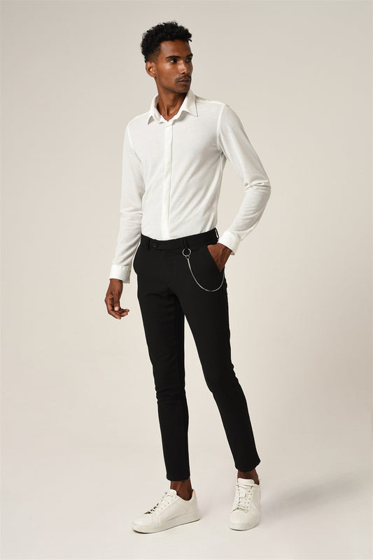 Men's White Hidden Button Long Sleeve Slim Fit Knitwear Shirt -