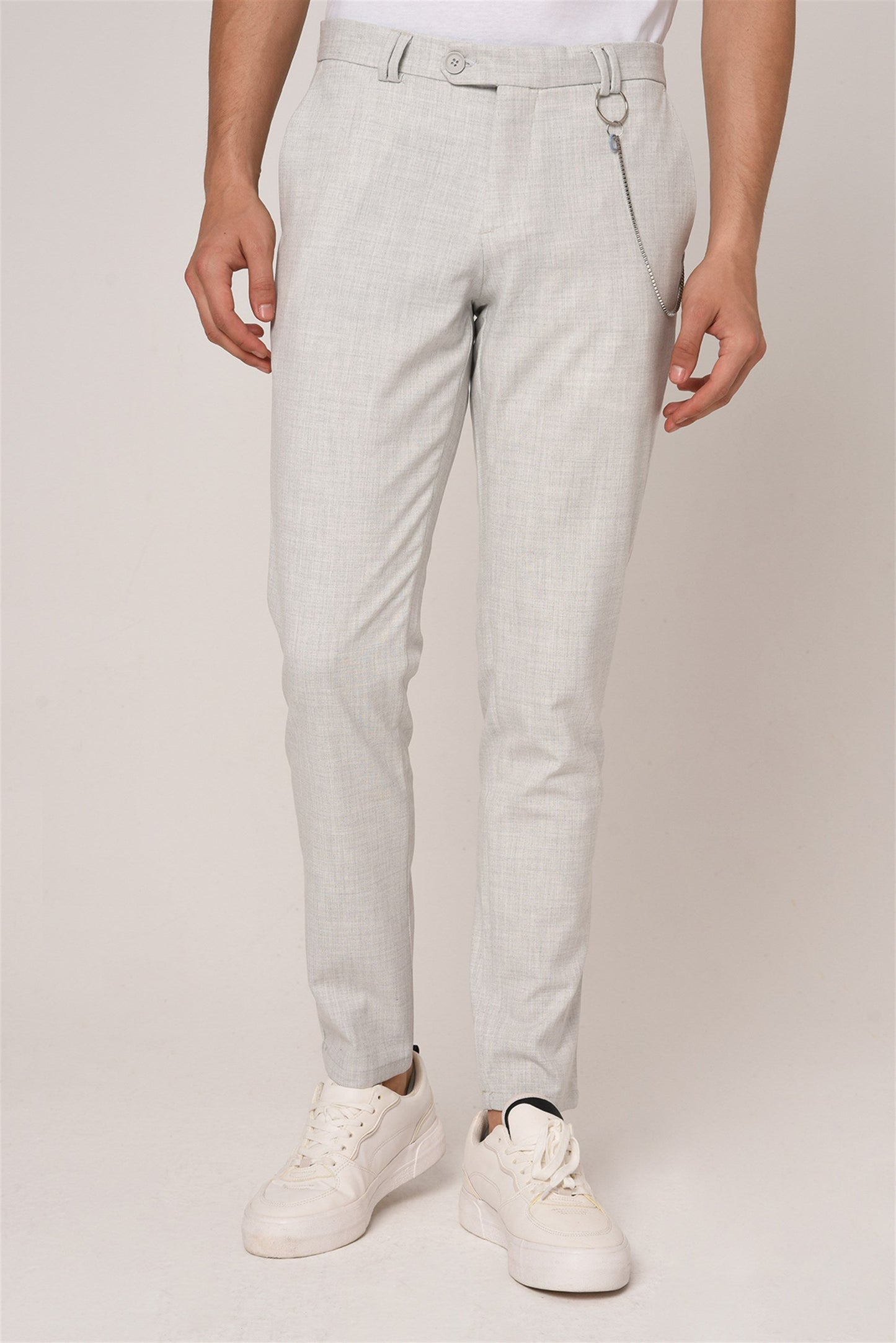 Men's Silver Slim Fit Straight Accessory Fabric Trousers