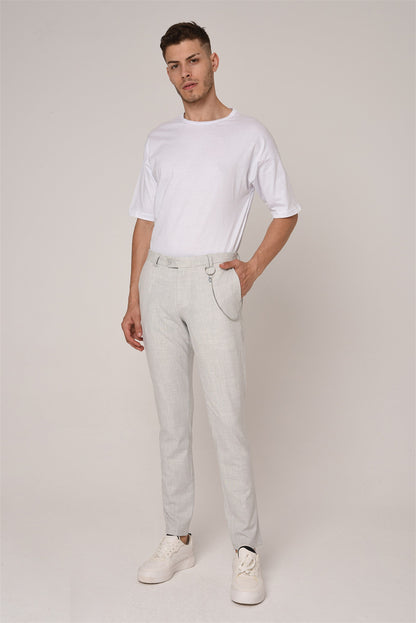 Men's Silver Slim Fit Straight Accessory Fabric Trousers