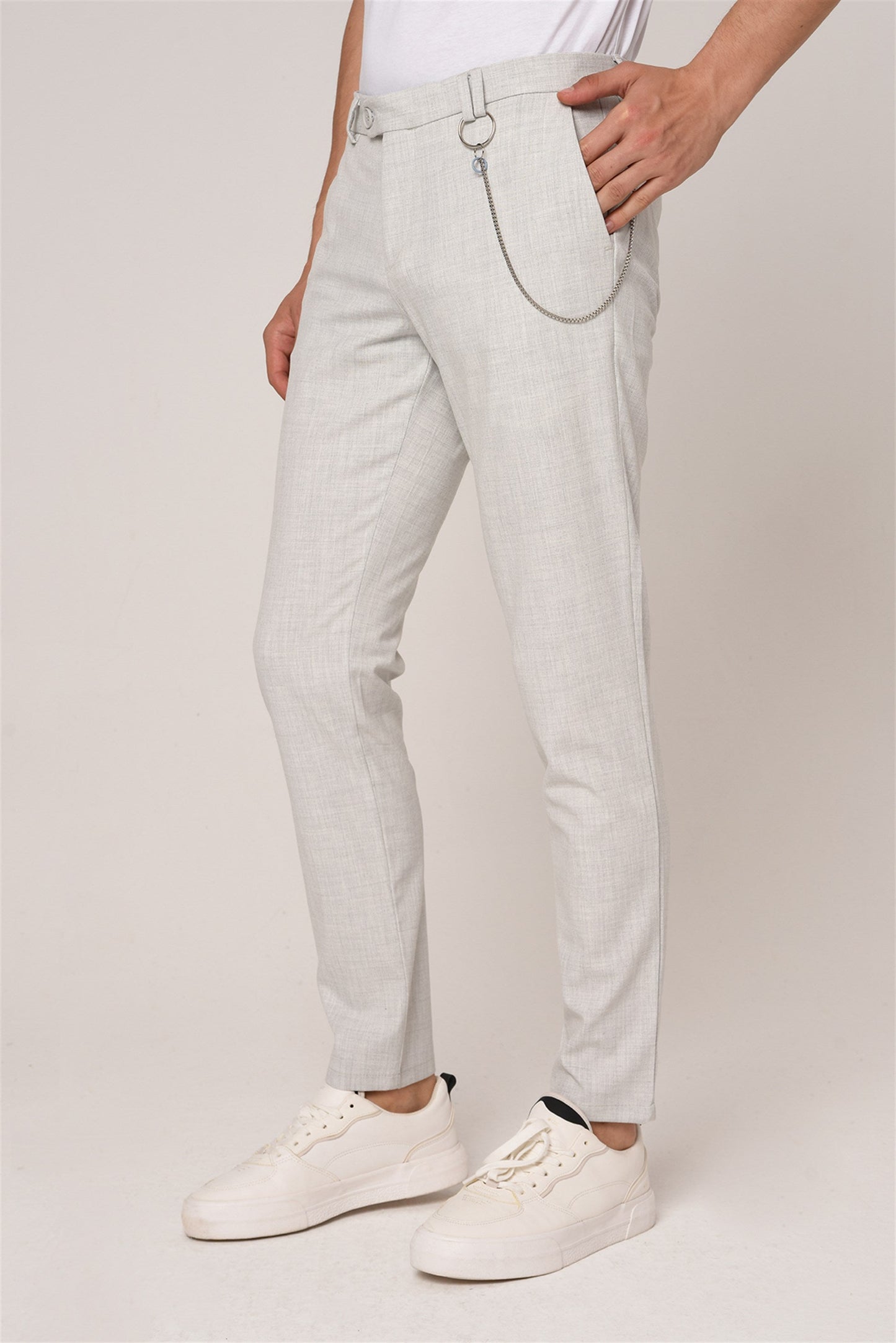 Men's Silver Slim Fit Straight Accessory Fabric Trousers