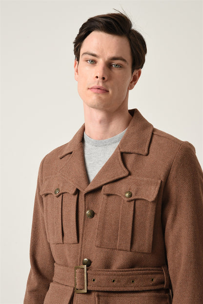 Men's Brown Camp Collar Belt Detailed Seasonal Coat