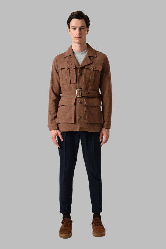 Men's Brown Camp Collar Belt Detailed Seasonal Coat