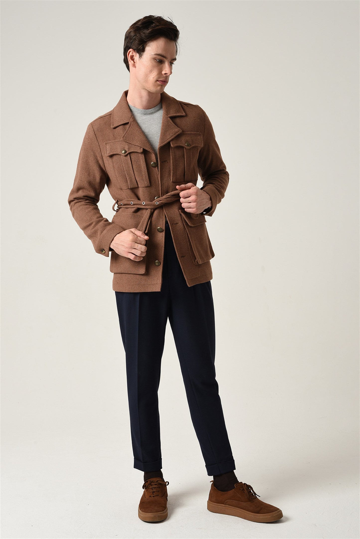 Men's Brown Camp Collar Belt Detailed Seasonal Coat