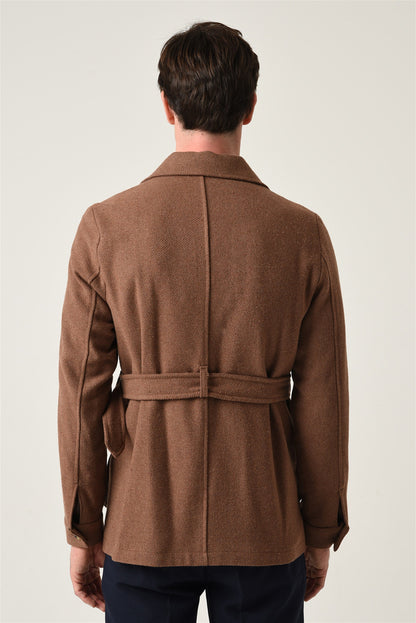Men's Brown Camp Collar Belt Detailed Seasonal Coat