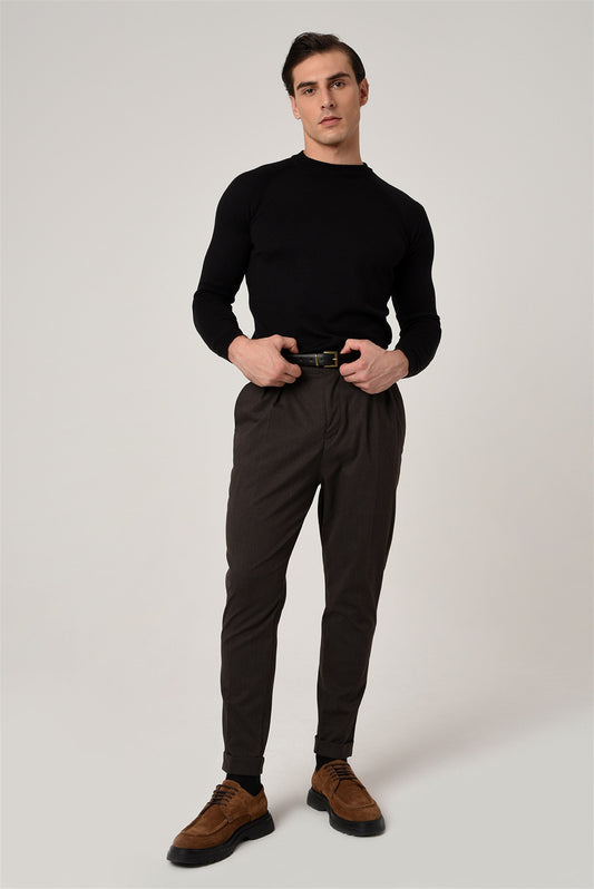 Men's Brown High Waist Belted Trousers