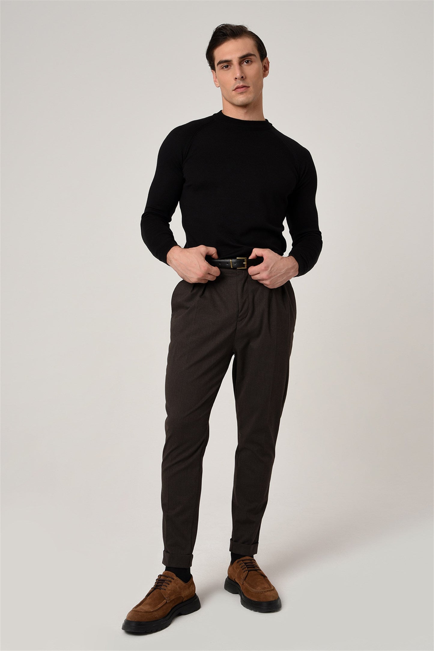 Men's Brown High Waist Belted Trousers