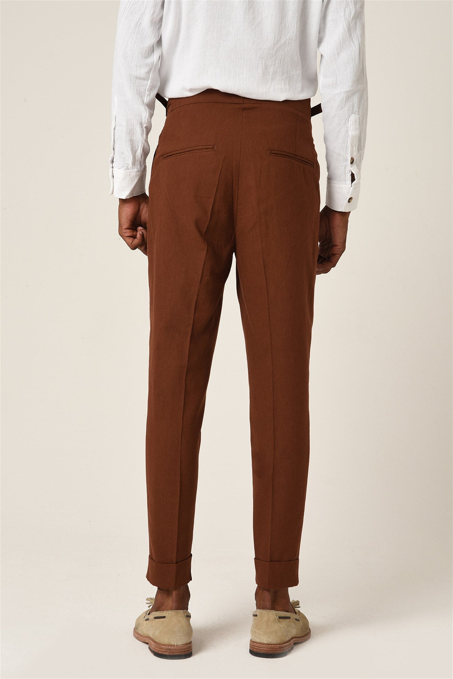 Men's Brown High Waist Buckle Belt Pleated Linen Trousers