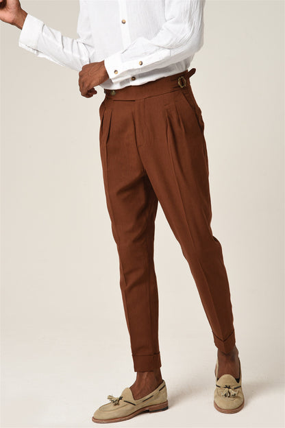Men's Brown High Waist Buckle Belt Pleated Linen Trousers