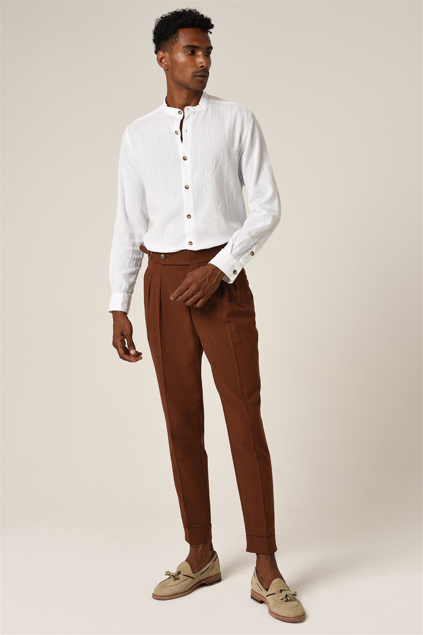 Men's Brown High Waist Buckle Belt Pleated Linen Trousers